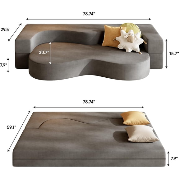 79" Floor Sofa Bed, Queen Fold Out Velvet Couch Beds, Convertible Sleeper Folding Sofa Bed, Futon Lazy Sofas for Living Room/Dorm/Guest Room/Home Office, Grey