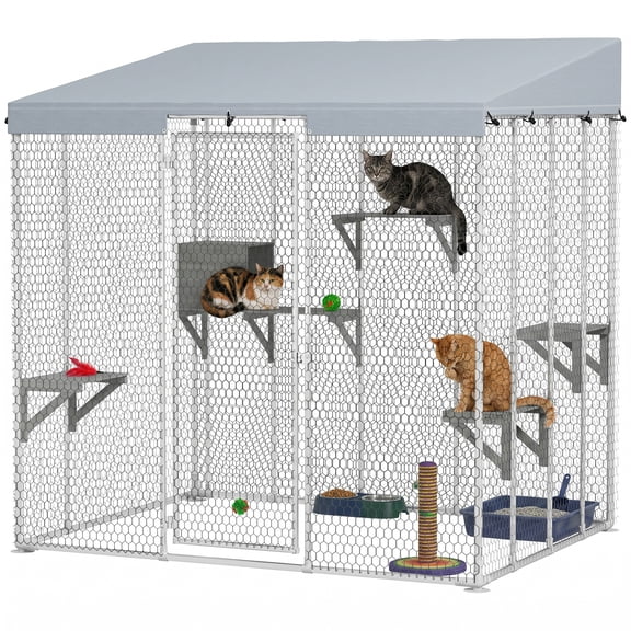 79" Galvanized Steel Large Catio with Waterproof Canopy, Sleeping Box, Jumping Platforms, for 1-3 Kittens, Silver