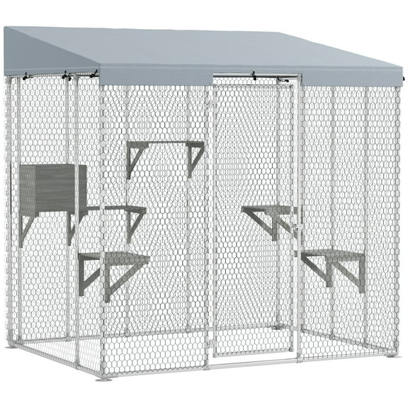 79" Galvanized Steel Large Catio with Waterproof Canopy, Sleeping Box, Jumping Platforms, for 1-3 Kittens, Silver