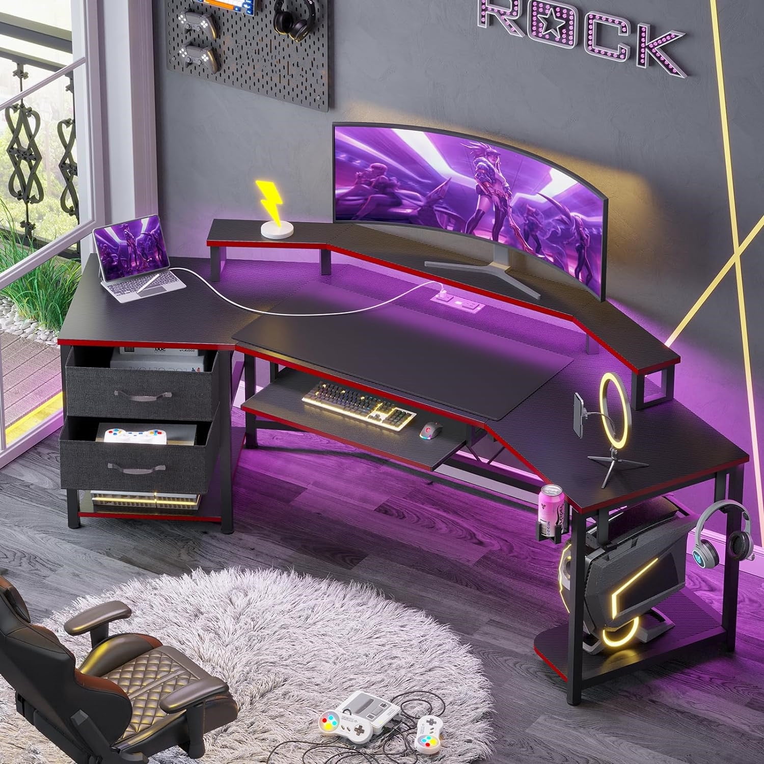 79" L-Shaped Black and Red Gaming Desk with LED Lights