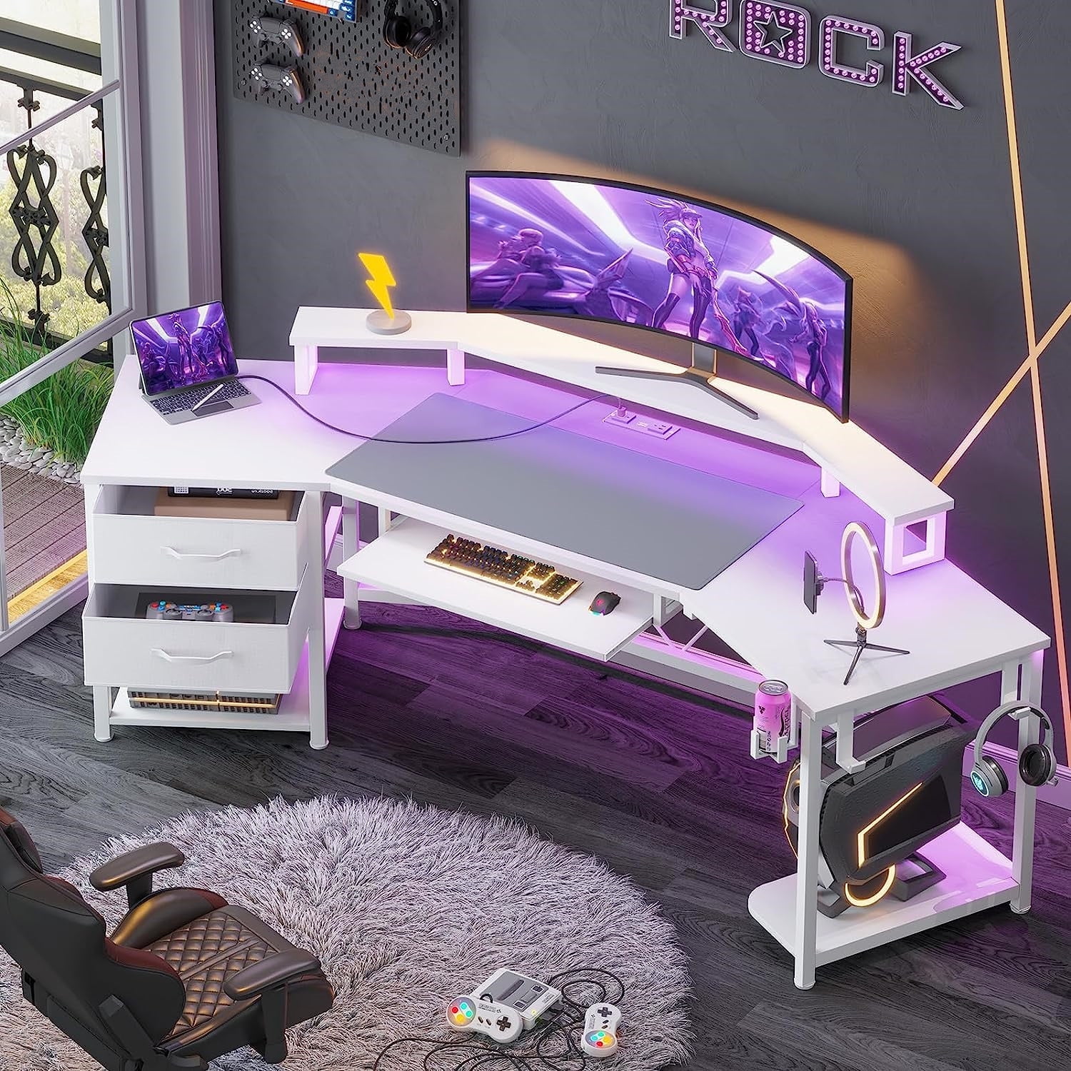 79" Gaming Desk, Computer Desk with 2 Fabric Drawers & LED Light, White Small Desk with Storage for Home Office, Carbon Fiber White