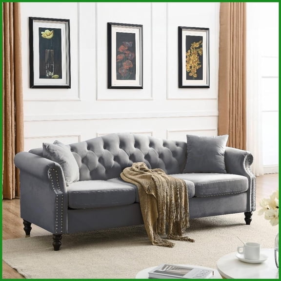 79" Grey Velvet Chesterfield 3-Seater Sofa with Rolled Arms & Nailhead Trim - Includes 2 Pillows for Living Room, Bedroom, Office
