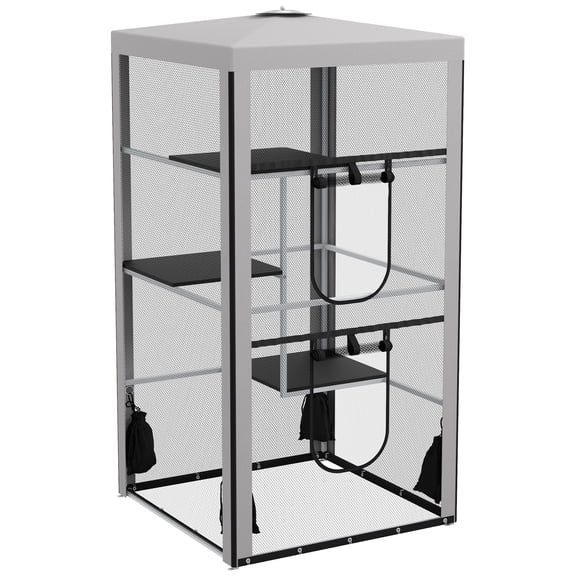 79"H Cat House Kitten Enclosure Mesh Playpen Steel Frame with 3 Platforms, 2 Doors and 4 Sandbags for Stability, Indoor/Outdoor
