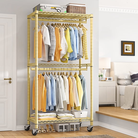 79"H Clothes Rack with Wheels, Adjustable Metal Garment Rack, Yellow