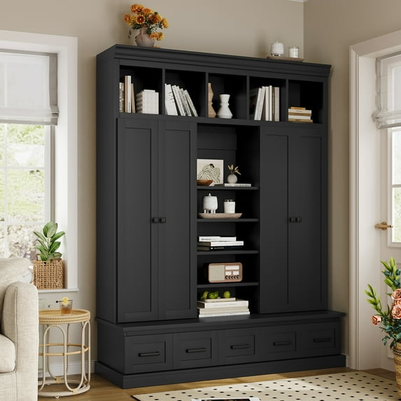 79''H Hall Tree with Bench and 5 Storage Cubbies, 4-in-1 Hall Tree with 5 Drawers, 2 Cabinets and Adjustable Shelves for Hallway, Living Room, Black