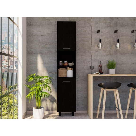 79" H Kitchen Pantry With Black Finish, Two Open Shelves, Three Internal Shelves And Doors In For Organization