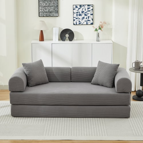 79" High-Quality Corduroy Convertible Sofa Bed, Adjustable Fabric Pull-Out Sleeper Sofa with Foam Spring, Queen Size Fabric Pull-Out Sofa Bed for Living Room, Grey