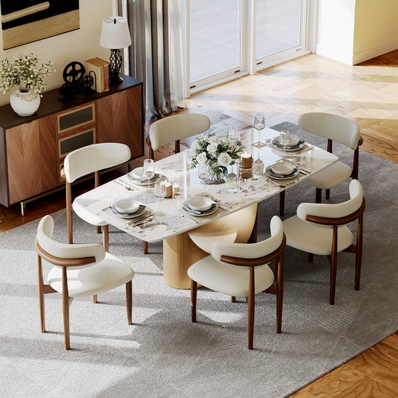 POVISON 79" Modern Dining Table for 6, Rectangular Pandora Glossy Sintered Stone Dining Table with Bronze Carbon Steel Base