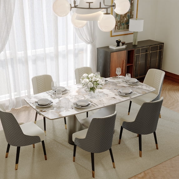 POVISON 79" Modern Dining Table for 6-8, Rectangular Gold Glossy Sintered Stone Dining Table, Marble-Look Tabletop with Dark Gray Carbon Steel Base