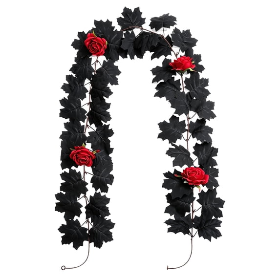 79-Inch Black Leaf Red Rose Vine, PE Material, Gothic Dark Romance, Halloween Table Party Home Decor