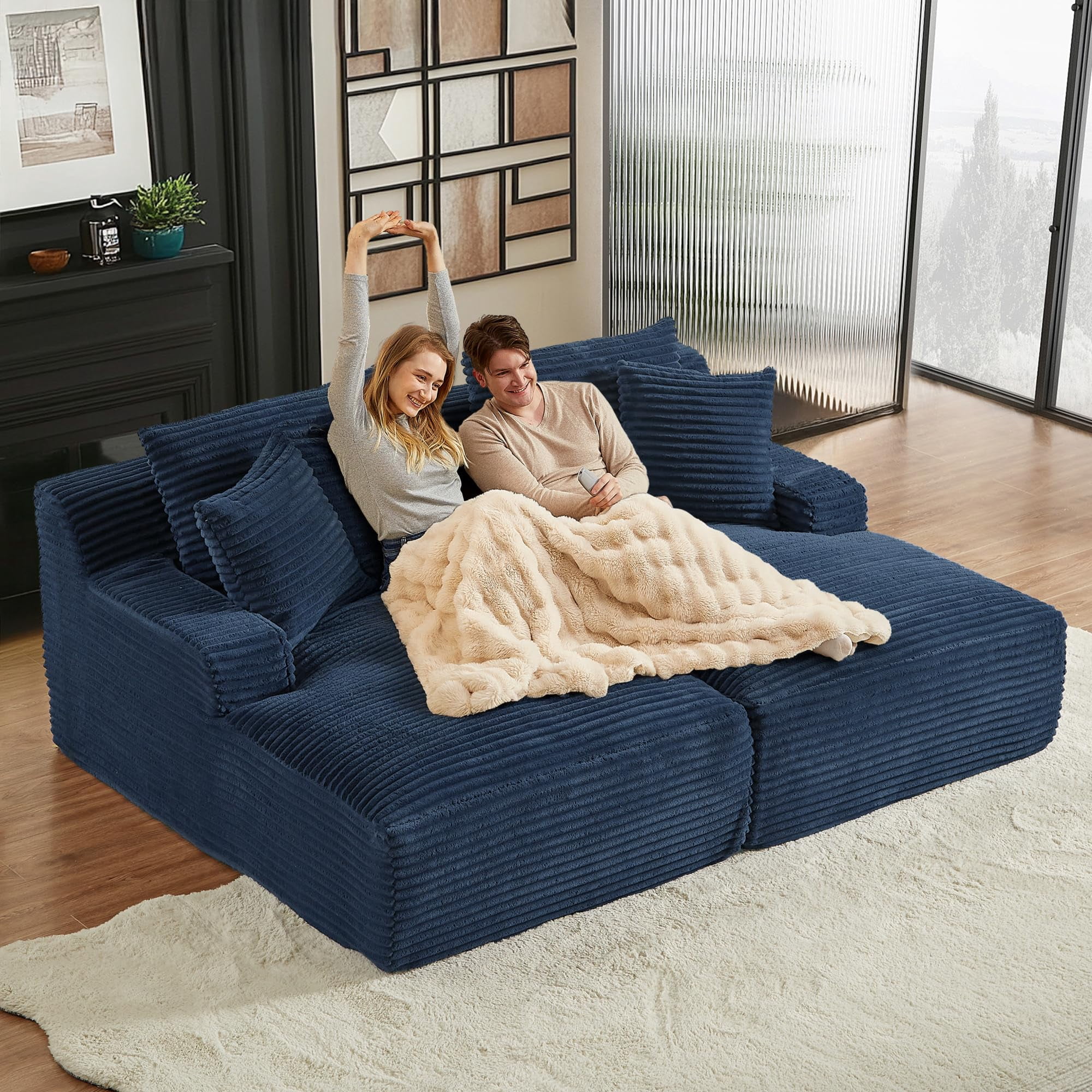 80" Convertible Sectional Sofa Bed With Chaise - Corduroy Futon Sleeper, Deep Seat, Includes Blanket (Baby Pink)