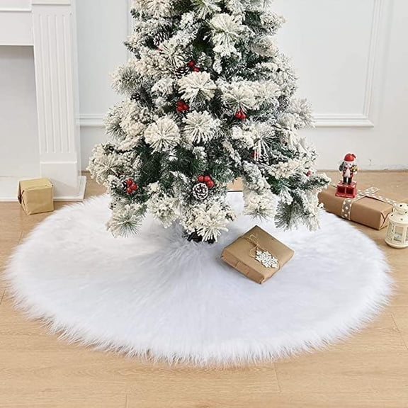 79 Inch Christmas Tree Skirt, Extra Large Thick Faux Fur, White Plush Velvet for Merry Christmas Party Decor