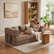 79 Inch Corduroy Floor Sofa with 4 Pillows & 2 Cup Holders, Armless Deep Seat Design, Perfect for Living Rooms, Apartments and Small Spaces, Brown