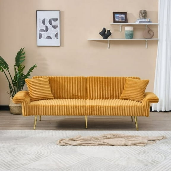 79 Inch Corduroy Sofa Bed, Contemporary Foldable Double Sleeper with Adjustable Armrests for Living Rooms and Small Spaces, Yellow