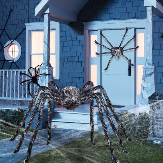 79 Inch Giant Light Up Hairy Spider Halloween Decor, Bendable Legs Large Scary Furry Spider with Purple LED Lights, Outdoor Indoor Yard Porch Haunted House Party Decoration Prop,A