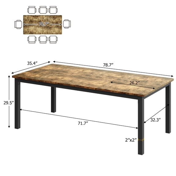 79 Inch Industrial Rectangle Dining Table, Metal Legs Round Corners, Kitchen Conference Writing Desk for Dining Living Room - Brown