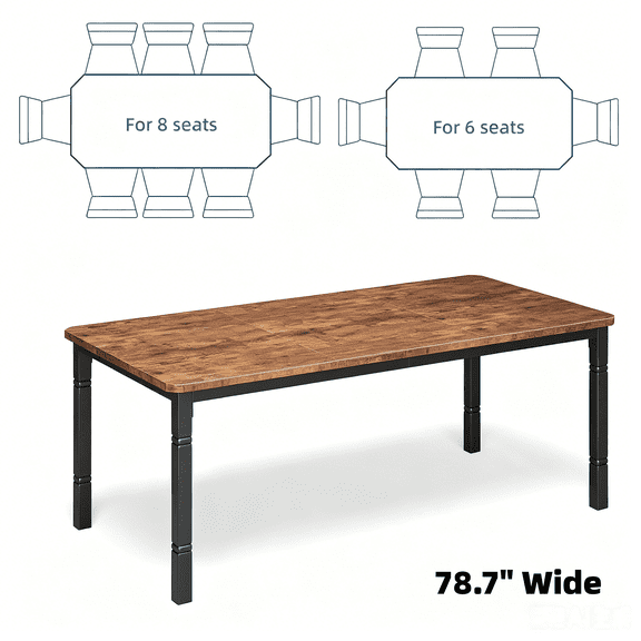 79 Inch Industrial Rectangular Dining Table, Wooden Kitchen Dinner Table with Durable Metal Frame, Seats 6-8 People, Sturdy Long Dining Furniture for Big Family Home Use - Black & Retro
