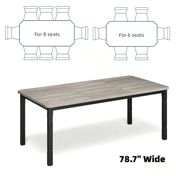 79 Inch Industrial Rectangular Dining Table, Wooden Kitchen Dinner Table with Durable Metal Frame, Seats 6-8 People, Sturdy Long Dining Furniture for Big Family Home Use - Black & Grey