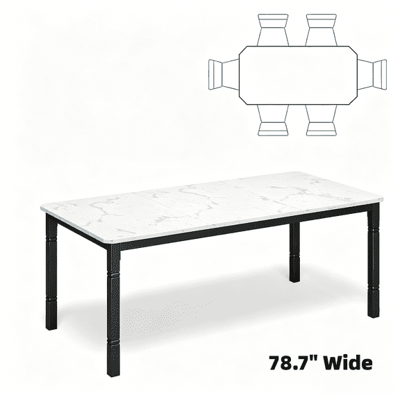 79 Inch Industrial Rectangular Dining Table, Wooden Kitchen Dinner Table with Durable Metal Frame, Seats 6-8 People, Sturdy Long Dining Furniture for Big Family Home Use - Black & Marble White