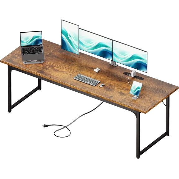 79 Inch Large Computer Desk with Built-in Power Outlets, Extra Long Desk for Home Office & Gaming, Spacious Writing Table for Study and Crafting, Brown