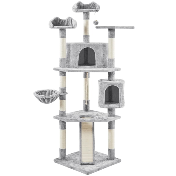 79 Inch Multi-Level Cat Tree with Scratching Posts, Two Condos, Plush Basket, Perches for Large Cats, Pet Playhouse Activity Center, Beige