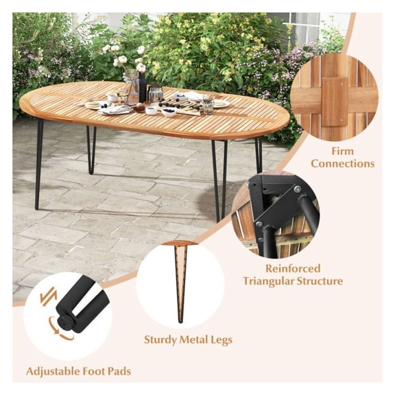 79 Inch Patio Dining Table, Oval Outdoor Table with Umbrella Hole, Wood Dining Table for 8 People