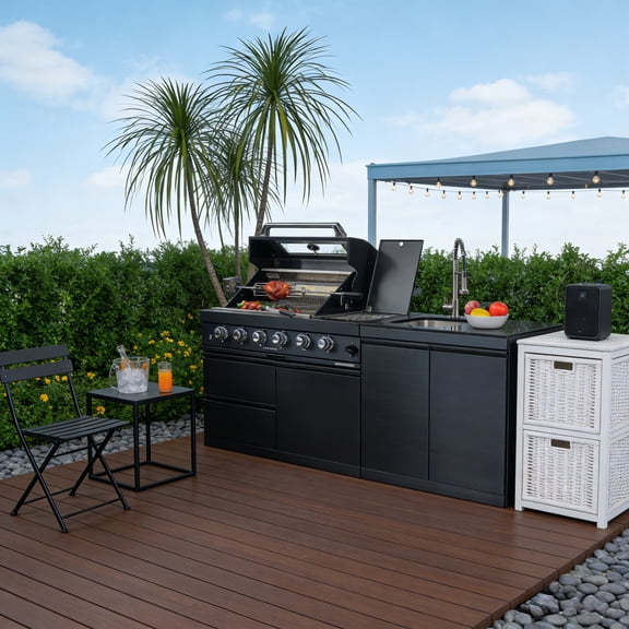 79-Inch Professional Outdoor Kitchen Island: 4-Burner 72000 BTU Gas Grill with Built-in Sink, Round Side Burner, Black Granite Countertop, 304 Stainless Steel BBQ Station with Rotisserie Kit