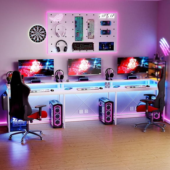 79 Inch Reversible U-Shaped Desk with Power Outlets & LED Strip – Large Corner Computer Desk with Monitor Stand & Storage Shelves for Home Office