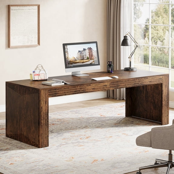 79 Inch Two Person Desk Double Computer Desk Extra Large Workstation Study Writing Table For Home Office Modern Minimalist Office Furniture (Vintage Brown)