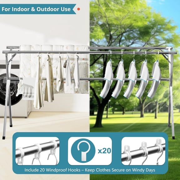 79 Inches Clothes Drying Rack, Drying Rack Clothing Folding Indoor Outdoor, Heavy Duty Stainless Steel Laundry Rack, Foldable Portable Large Clothes Rack Garment Rack with 20 Windproof Hooks