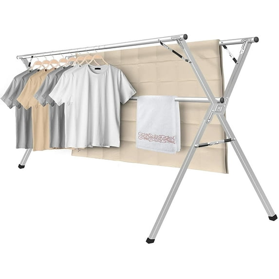 79 Inches Clothes Drying Rack, Laundry Drying Rack Clothing Foldable & Collapsible Stainless Steel Heavy Duty Clothing Drying Rack with Windproof Hooks for Indoor Outdoor