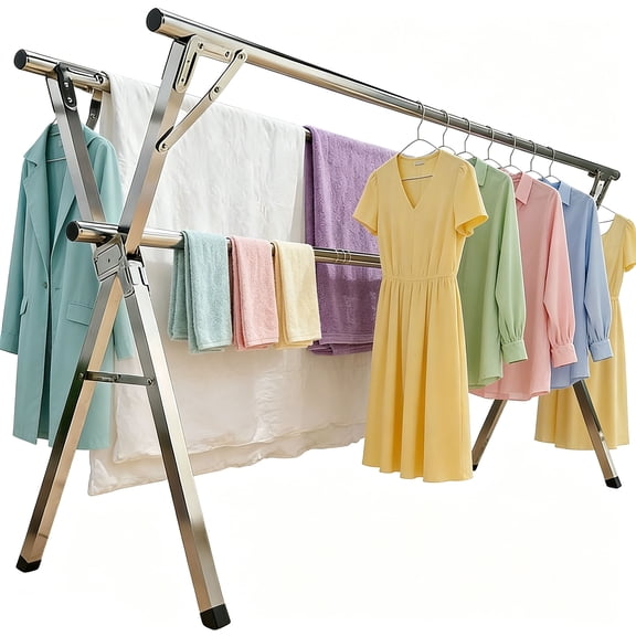 79 Inches Clothes Drying Rack for Outdoor and Indoor, Foldable Heavy Duty Stainless Steel Laundry Rack, Portable Large Clothes Rack with 20PCS Windproof Hooks, Sliver