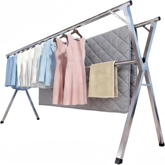 79 inches Clothes Drying Rack, Adjustable & Foldable Laundry Drying Rack for Outdoor Indoor, Stainless Steel Garment Rack with 20pcs Windproof Hooks, Silver