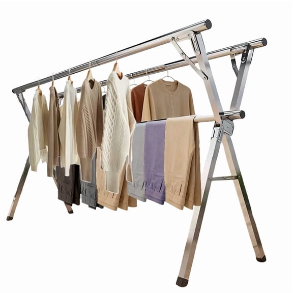 79 inches Clothes Drying Rack, Adjustable & Foldable Laundry Drying Rack for Outdoor Indoor, Stainless Steel Garment Rack with 20pcs Windproof Hooks, Silver