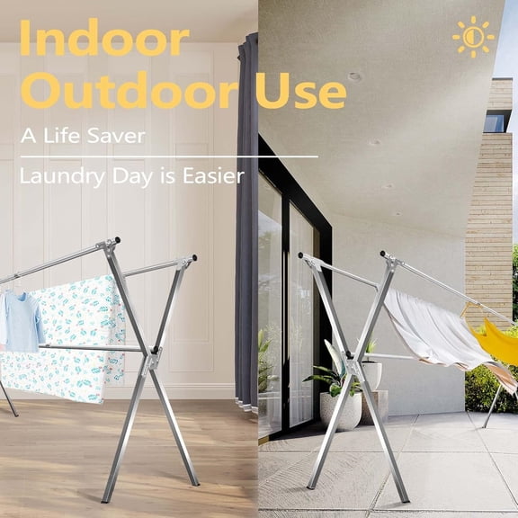 79 Inches Stainless Steel Clothes Drying Rack, Heavy Duty Laundry Drying Rack Folding Indoor Outdoor, Portable Drying Rack Clothing, Free-Standing Laundry Stand with 20 Windproof Hooks