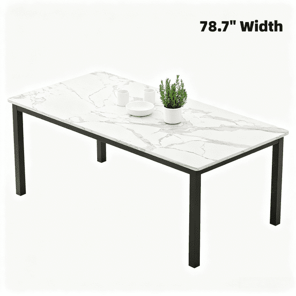 79" Industrial Dining Table for 4-6 People, Rectangular Wood Table with Metal Legs, Mortise Tenon, Rounded Corners for Dining Room Home Office - Black + Marble White