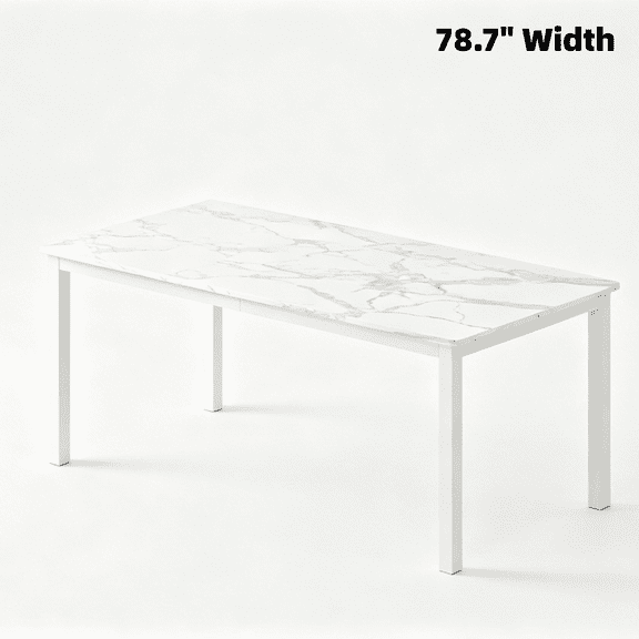 79" Industrial Dining Table for 4-6 People, Rectangular Wood Table with Metal Legs, Mortise Tenon, Rounded Corners for Dining Room Home Office - Marble White