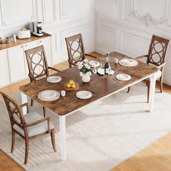 79" Industrial Dining Table with Chamfer Corner Kitchen Table with Heavy Duty Metal Legs for Dining Room, Kitchen, Living Room, Easy Assembly-Retro Brown+White