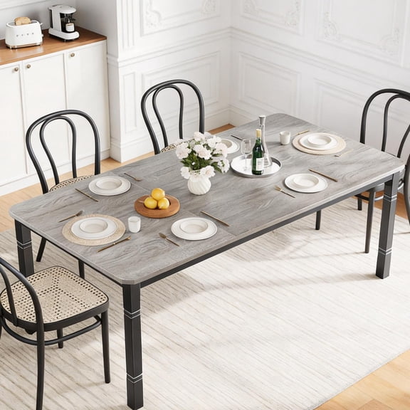 79" Industrial Dining Table with Chamfer Corner Kitchen Table with Heavy Duty Metal Legs for Dining Room, Kitchen, Living Room, Easy Assembly-Grey