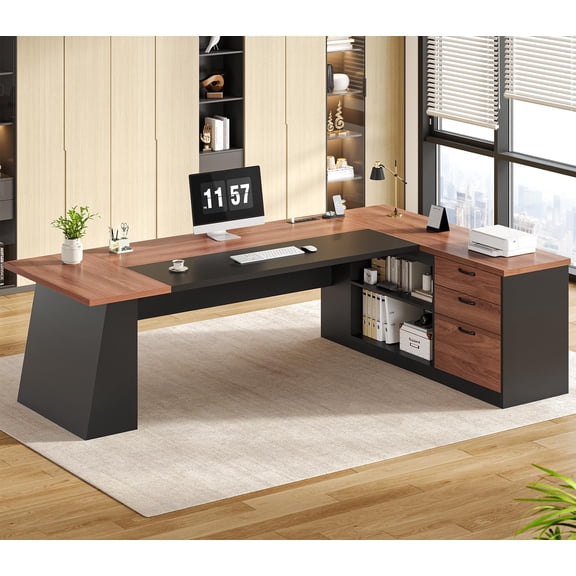 79" L-Shaped Executive Desk with Power Outlets and File Cabinet, Modern Corner Computer Desk with Storage Drawers & Shelves for Home Office, Walnut & Black