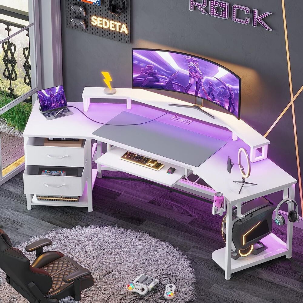 79" L-Shaped Black and Red Gaming Desk with LED Lights