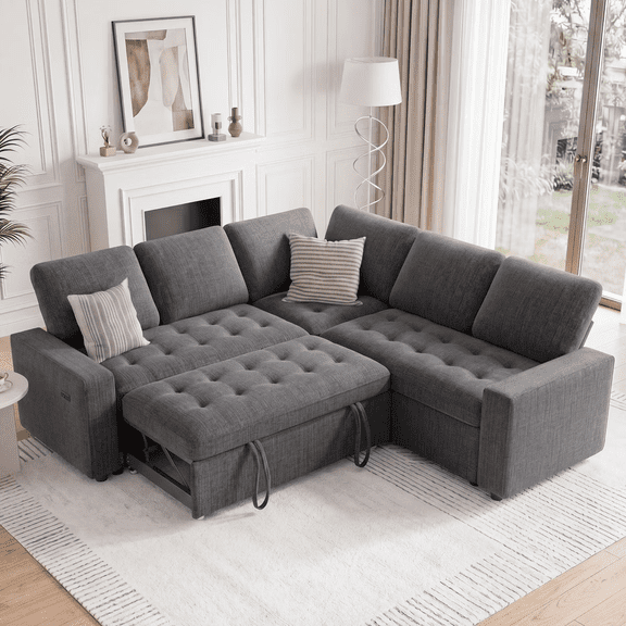 79" L-Shaped Sectional Sleeper Sofa Bed,Grey Chenille Pull Out Couch Bed 5 Seat with Reversible Storage Chaise,USB Ports,Tool-Free Assembly