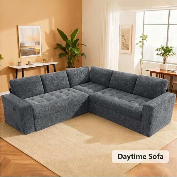 79" L-shaped modular sleeper sectional, Gray Chenille, Reversible storage chaise, USB ports, tool-free assembly