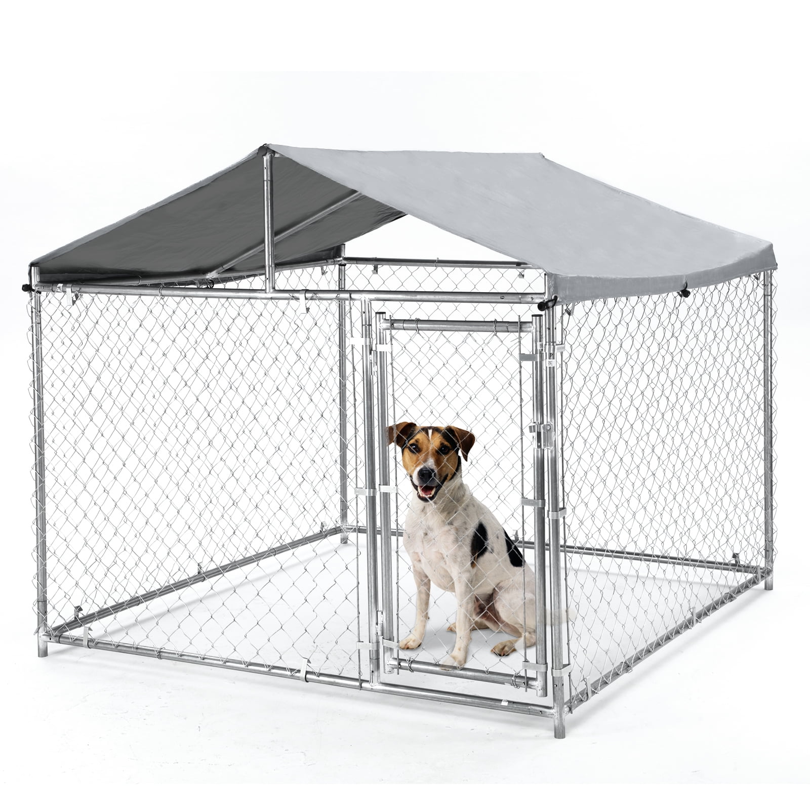 79 In Large Metal Dog Kennel, Heavy Duty Outdoor Dog Kennel With Roof, Lock, Galvanized Chain Link Dog Cage With Waterproof Cover, Outside Dog Fence Pen for Patio, Yard, Silver