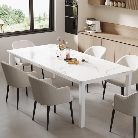 79" Long Dining Table for 6-8 People, Large Rectangle Kitchen Table with Sturdy Metal Legs, Modern Industrial Dining Room Table with Round Corner,White Faux Marble/White
