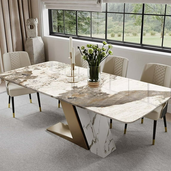 POVISON-79"Modern Luxury Gold Rectangular Dining Table for 6, Glossy Sintered Stone Tabletop, White and Gold Z-shaped Stainless Steel Base