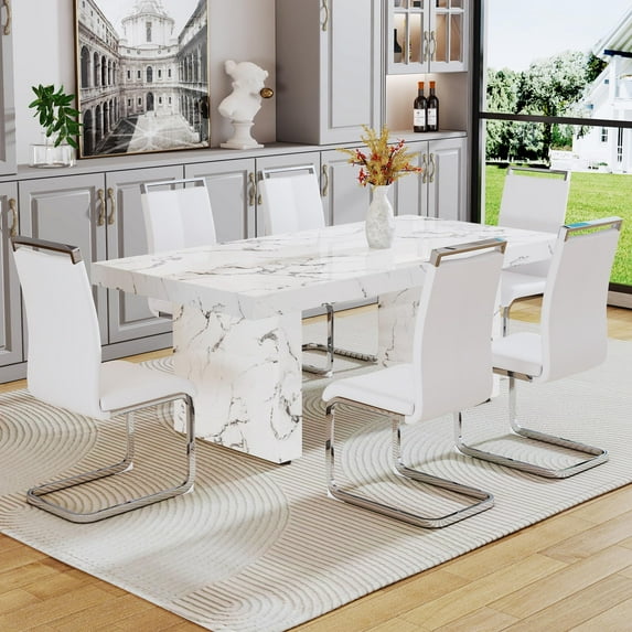 79" Modern Marble Dining Room Table Sets for 6,7 Piece Kitchen Dining Table and Chairs Set- Gather in Style and Comfort