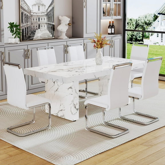 79" Modern Marble Dining Room Table Sets for 6,7 Piece Kitchen Dining Table and Chairs Set- Gather in Style and Comfort