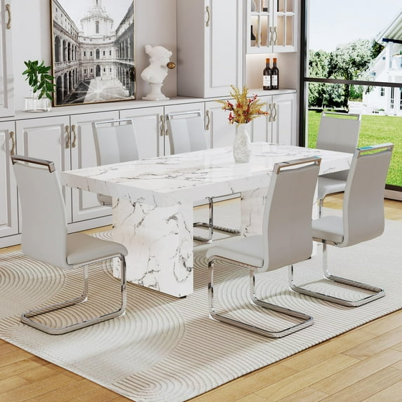 79" Modern Marble Dining Room Table Sets for 6,7 Piece Kitchen Dining Table and Chairs Set- Gather in Style and Comfort