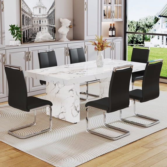 79" Modern Marble Dining Room Table Sets for 6,7 Piece Kitchen Dining Table and Chairs Set- Gather in Style and Comfort